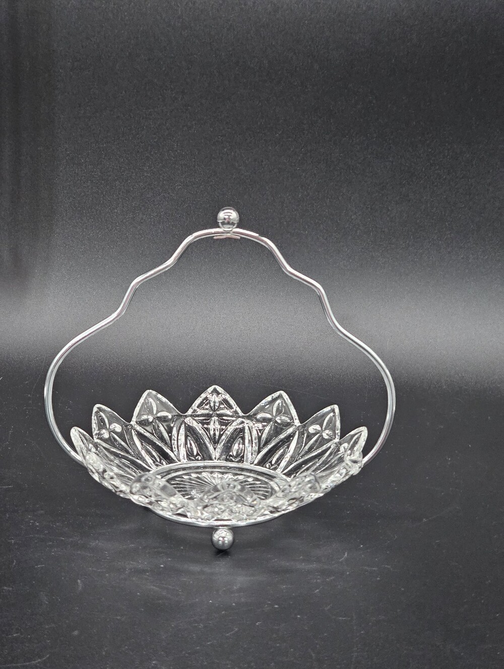 Vintage Federal Glass Petal Clear Pressed Glass Candy Relish Dish with Chrome Ha